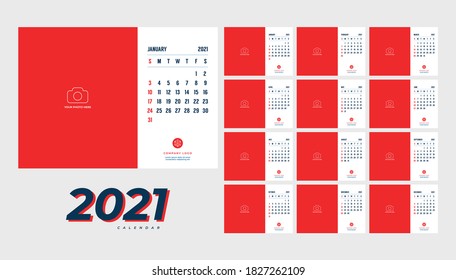 Year 2021 monthly desk calendar. Week starts Sunday. Calendar 2021 template with place for photo and company logo.