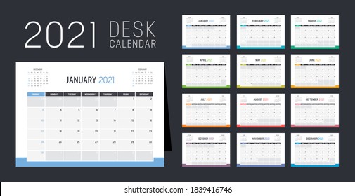 Year 2021 monthly desk calendar. Week starts Sunday. Vector template.