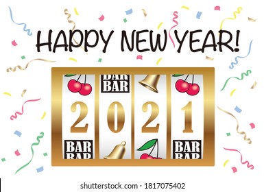 The Year 2021 New Year’s Greeting Card Vector Template With A Coin Machine Display And Confetti,  Vector Illustration.
