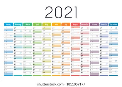 Year 2021 One Page Colorful Calendar, On White Background. Vector Template.