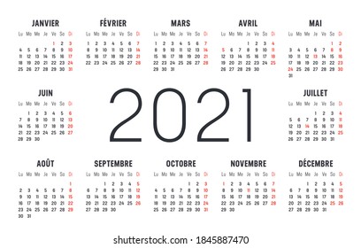 Año 2021 calendario horizontal de una página, en francés, sobre fondo blanco. Plantilla de vectores.