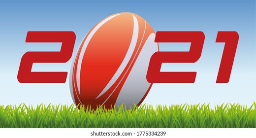 The year 2021 with a rugby ball placed on the lawn of a field to symbolize the launch of the new competitive season.