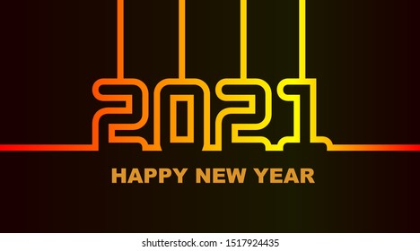 Year 2021 - simple greeting card, invitation, flyer, poster or design element - warm yellow-orange-red neon outline - vector illustration