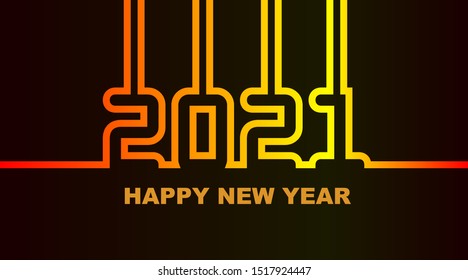 Year 2021 - simple greeting card, invitation, flyer, poster or design element - warm yellow-orange-red neon outline - vector illustration