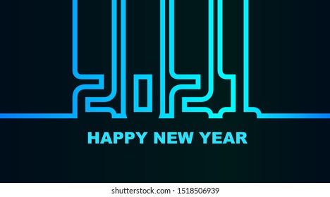 Year 2021 - simple greeting card, invitation, flyer, poster or design element - cold cyan-bluish-blue neon outline - vector illustration