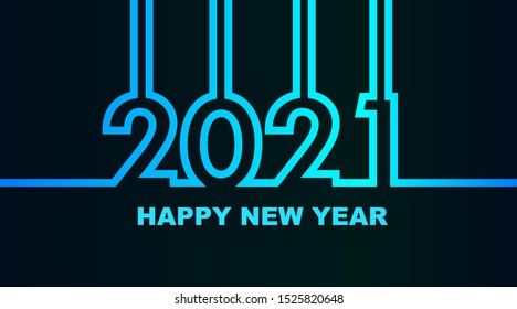 Year 2021 - simple greeting card, invitation, flyer, poster or design element - cold - cyan bluish blue outline - vector illustration