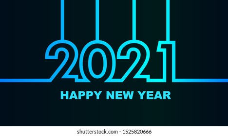 Year 2021 - simple greeting card, invitation, flyer, poster or design element - cold - cyan bluish blue outline - vector illustration