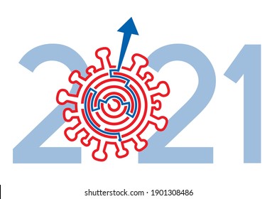 Year 2021, solution of coronavirus pandemic. 
Coronavirus symbol labyrinth, solution way out concept. Vector available.