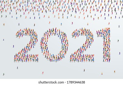 Year 2021 or twenty twenty one. Large group of people form to create 2021. people font or number. vector illustration.
