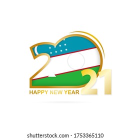 Jahr 2021 mit Usbekistan Flaggenmuster. Alles Gute zum Neujahrsdesign. Vektorgrafik.