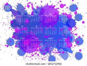 Year 2021 vector monthly calendar. Hand drawn blue and purple paint splatter artsy design over white background. Week starting from Sunday
