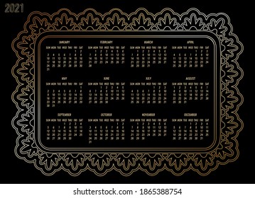 Year 2021 vector monthly golden modern calendar. Week starting from Sunday. Antique  gold floral frame design over black