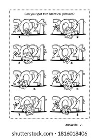 Year 2021 visual puzzle and coloring page with heading for kids or adults
