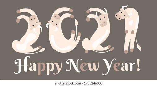 Year 2021 of the White Metal Ox. bulls in the shape of 2021. New year concept. Chinese horoscope of animals. lettering from numbers. 
Text - Happy New Year - on illustration