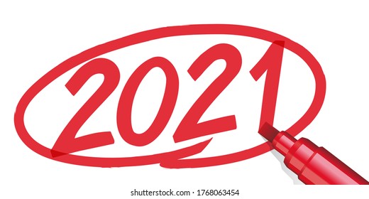 The year 2021 written by hand and surrounded by a red circle with a marker or marker, on a white paper background.