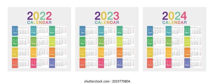 Year 2022 and Year 2023 and Year 2024 calendar vector design template, simple and clean design. Calendar for 2022 and 2023 on White Background for organization and business. Week Starts Monday.