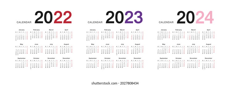 Year 2022 and Year 2023 and Year 2024 calendar vector design template, simple and clean design. Calendar for 2022 and 2023 on White Background for organization and business. Week Starts Monday.