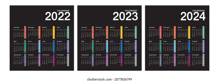 Plantilla de diseño de vectores de calendario para el año 2022 y el año 2023 y el año 2024, diseño simple y limpio. Calendario para 2022 y 2023 sobre fondo blanco para la organización y el negocio. La semana empieza el lunes.