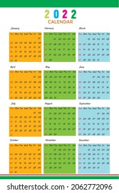 The year 2022 all calendar design template, simple and clean design. Calendar for 2022 on  Week Starts Sunday.