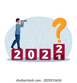 Year 2022 business outlook, vision to see the way forward, forecast, prediction and business success concept, businessman leader using telescope to see vision on top of ladder above year 2022 number.