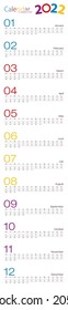 Year 2022 Calendar, 2 weeks line for different design. Vector calendar.