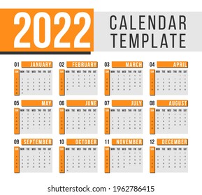 Year 2022 calendar horizontal vector design template, simple and clean design.