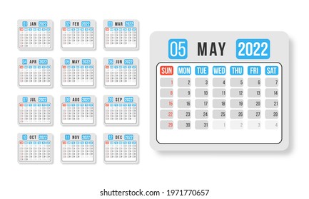 Year 2022 calendar horizontal vector design template, simple and clean design.