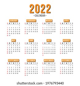 Year 2022 calendar horizontal vector design template, simple and clean design.