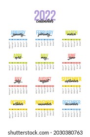 Year 2022 calendar horizontal vector design template, simple and clean design. Calendar for 2022 on White Background for organization and business. Week Starts Summer.