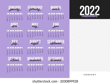 Year 2022 calendar horizontal vector design template, simple and clean design. Calendar for 2022 on White Background for organization and business. Week Starts Summer.