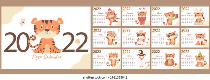 Year 2022 Calendar Template. set of 12 pages and cover with cute tiger. Week starts on Monday. Year of Tiger in Chinese or Eastern calendar. Vector illustration