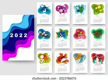 Year 2022 calendar template. Winter, spring, summer, autumn season nature and floral design, vector illustration in paper art style.