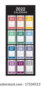 Year 2022 calendar vector design template, simple and clean design. Calendar for 2022 on White Background for organization and business. Week Starts Monday. 