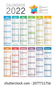 Year 2022 colorful calendar, in French language, on white background. Vector template