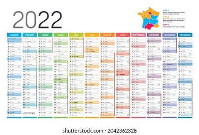 Year 2022 colorful wall calendar, in French language, on white background. Vector template