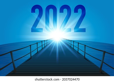 The year 2022 with the concept of the goal to be achieved for the future of a company. The illustration uses the symbol of a pontoon crossing the ocean towards the sun shining on the horizon.