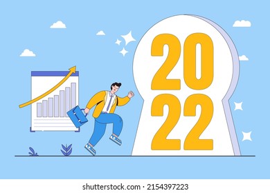 Year 2022 Economic Outlook, Forecast Or Visionary To View Future, Challenge, And Business Opportunity Concepts. Businessman Reach Out To The Keyhole And Start Running To Achieve 2022 Business Goal.