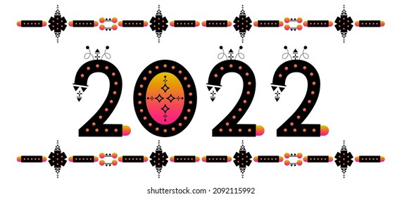 Year 2022. Festival calendar vector. Black numbers. Ethnic style digits. Word art characters highlighted with gradient dots and Aztec design patterns.  Numbering illustrations. Heading title label.