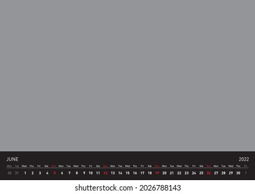 Сalendar for the year 2022, month of June, vector