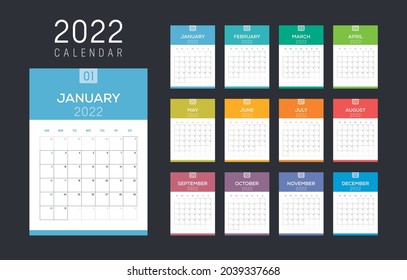 Calendario mensual del año 2022. La semana comienza el domingo. Plantilla de vectores.