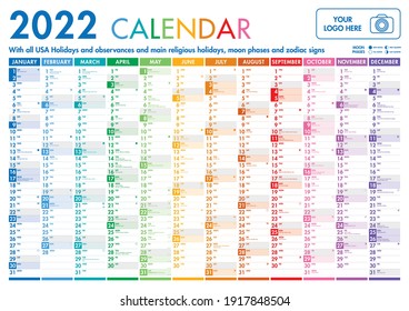 Year 2022 One Page Colorful Calendar, On White Background. Vector Template