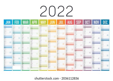 Year 2022 One Page Colorful Calendar, On White Background. Vector Template.