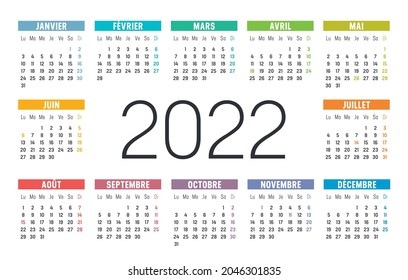 Year 2022 one page colorful calendar, in French language, on white background. Vector template.