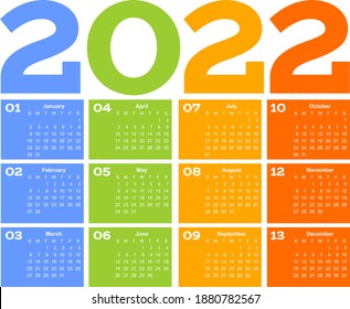 Year 2022 one page month grid calendar, multi colored on white background. Vector template. Annual agenda table. All Months on One Page.