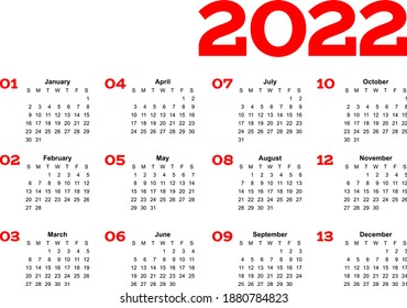 Year 2022 one page month grid calendar, multi colored on white background. Vector template. Annual agenda table. All Months on One Page.