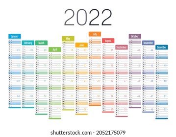 Year 2022 one page wall calendar, multi colored on white background. Vector template.