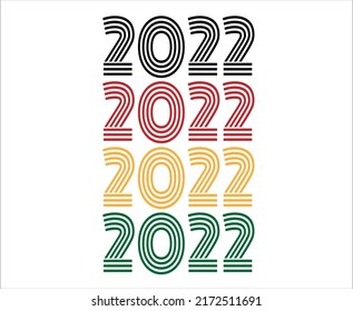 Fuente retro de año 2022. Vector con año para cumpleaños en negro, rojo, naranja y verde.