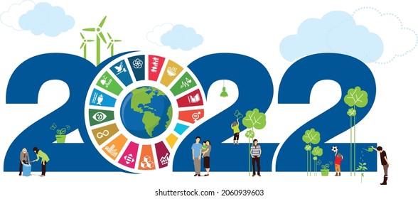 Year 2022 Sustainable Development concept typography. Happy New Year 2022. Cover of business diary for 2020 with wishes. Brochure design template, card, banner. Vector illustration. 