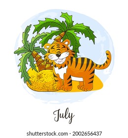 Year 2022 symbol for calendar decoration. July 2022. New Year of the Tiger according to the Chinese or Eastern calendar. Cute vector illustration in hand draw style