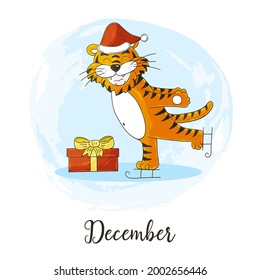 Year 2022 symbol for calendar decoration. December 2022. New Year of the Tiger according to the Chinese or Eastern calendar. Cute vector illustration in hand draw style